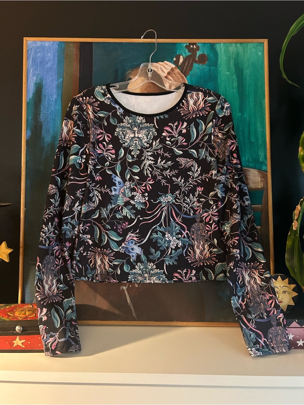 Fairy Grunge Forest Print Mesh Long Sleeve Crop Top Black XL Goth Y2K Floral